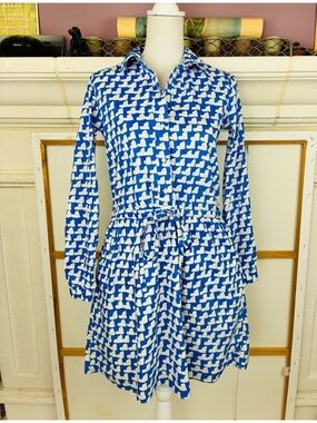 GAP NWT Blue and White Geometric Cotton Dress w/pockets & drawstring waist sz 6
